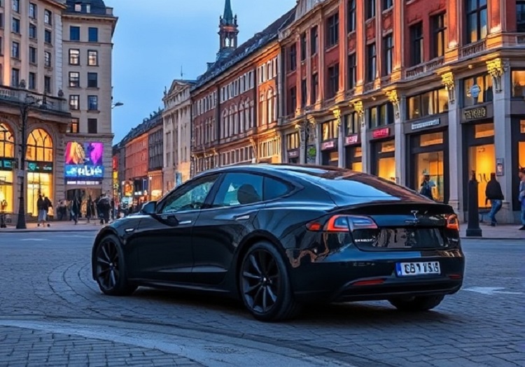 Black Tesla Model Y in Frankfurt 2024